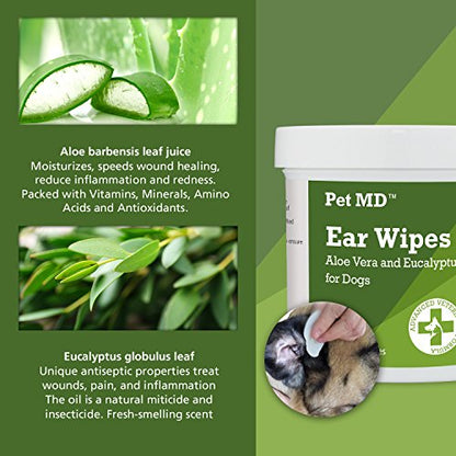 Dog Ear Cleaner Wipes - Otic Cleanser for Dogs to Stop Ear Itching, Yeast and Infections with Aloe and Eucalyptus (100 Count)